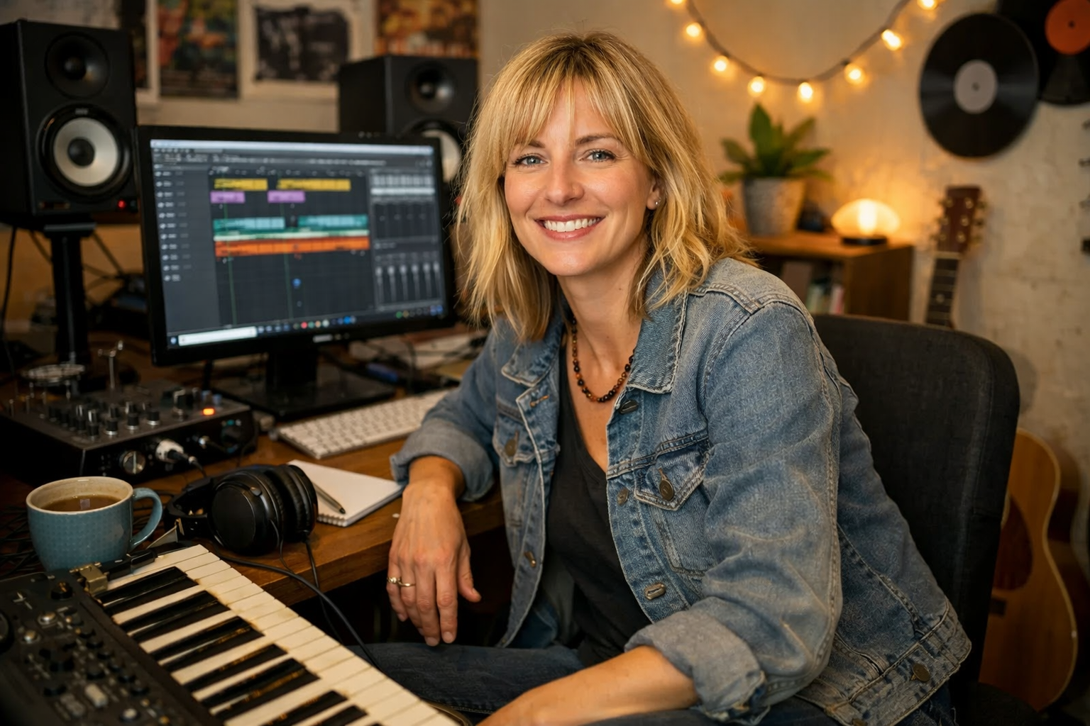 Young Woman Artist Musician Sitting Home Studio Smiling